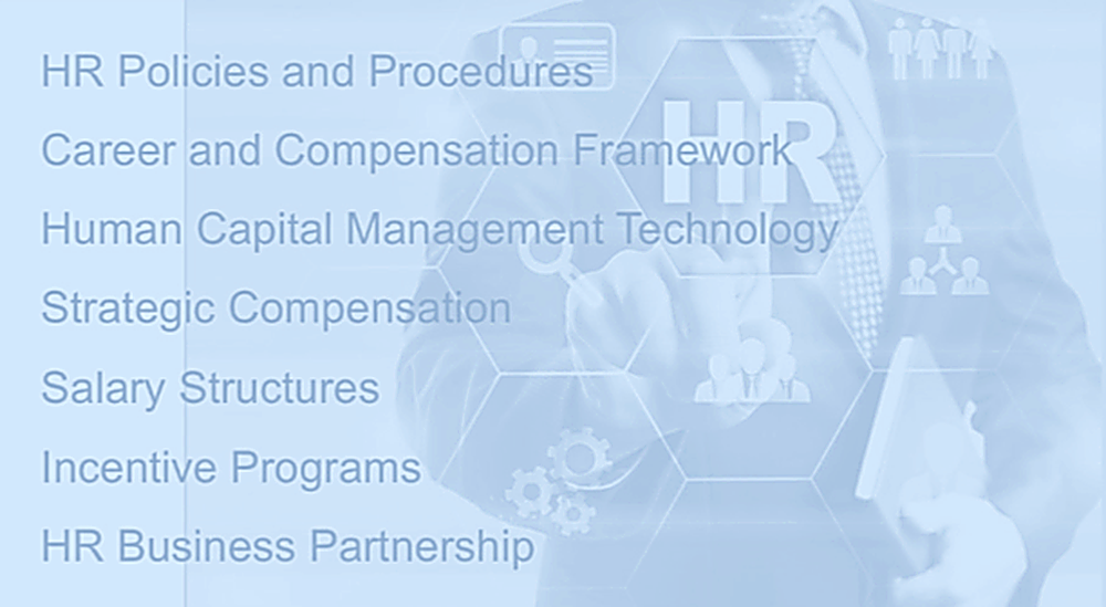 Human Resources Transformation overview: HR Policies and Procedures, Career and Compensation Framework, Human Capital Management Technology, Strategic Compensation, Salary Structures, Incentive Programs, HR Business Partnership