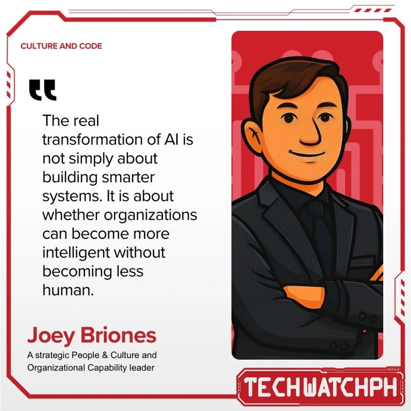 From Human plus Machine to Human times Machine quote card featuring Joey Briones, Culture & Code, Tech Watch PH