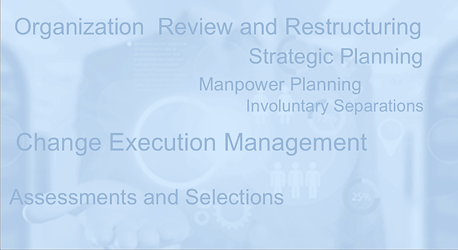 Organizational Development overview: Organization Review and Restructuring, Strategic Planning, Manpower Planning, Involuntary Separations, Change Execution Management, Assessments and Selections