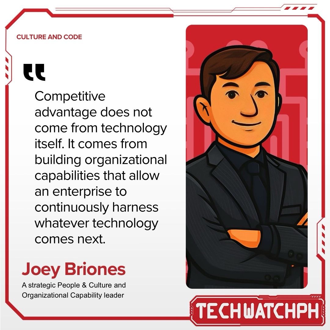 The Rewired Enterprise quote card featuring Joey Briones, Culture & Code, Tech Watch PH