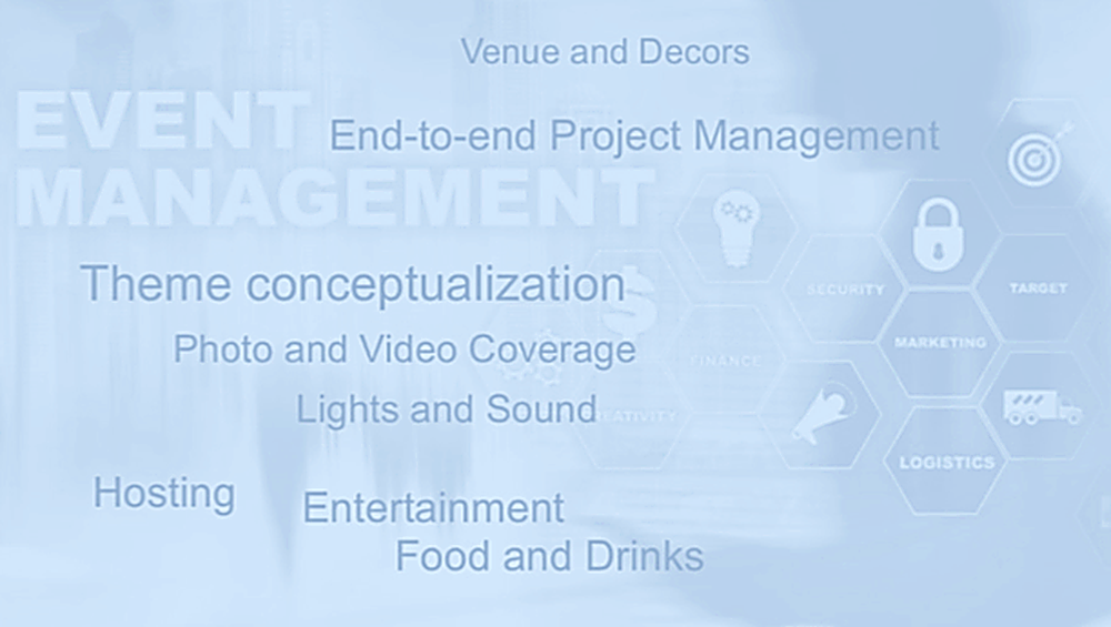 Special Events overview: Event Management, Venue and Decors, End-to-end Project Management, Theme Conceptualization, Photo and Video Coverage, Lights and Sound, Hosting, Entertainment, Food and Drinks