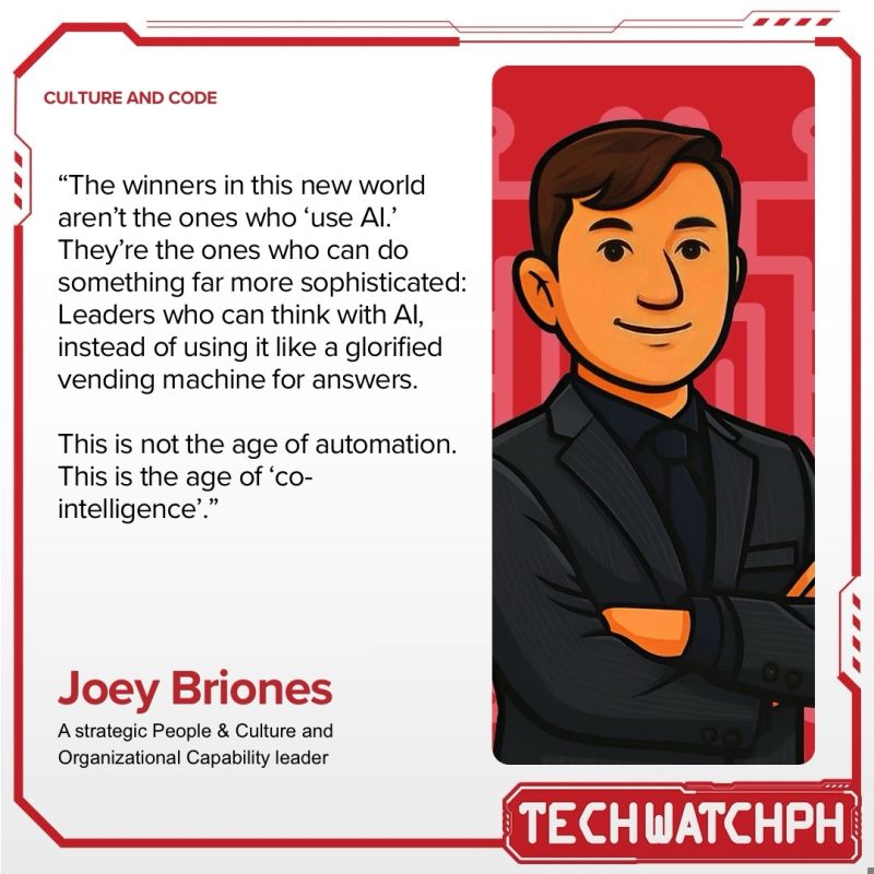 Thinking With Machines quote card featuring Joey Briones, Culture & Code, Tech Watch PH